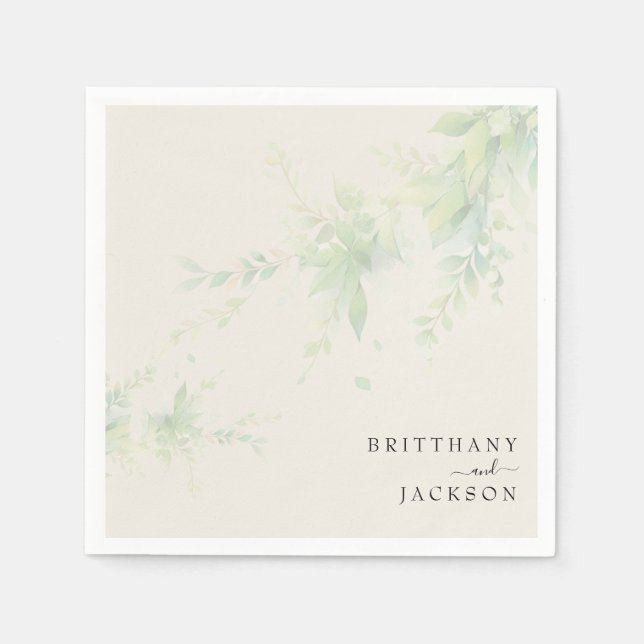 Elegant Foliage Cream Personalized Wedding Napkins (Front)