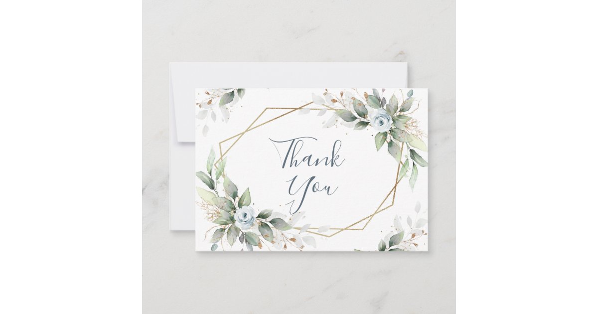 Elegant Foliage Dusty Blue Flowers Thank You Card | Zazzle
