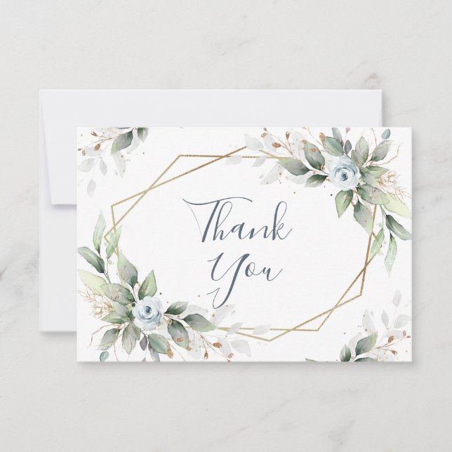 Elegant Foliage Dusty Blue Flowers Thank You Card (Front)