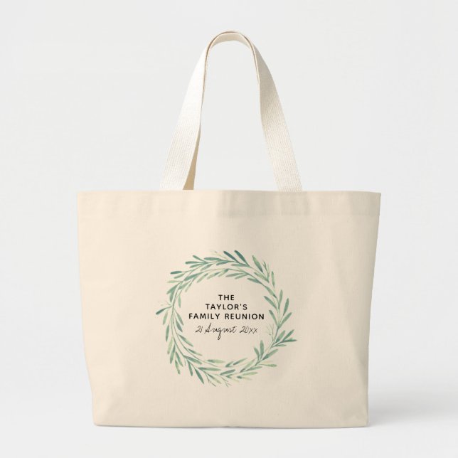 Elegant Foliage Family Reunion Watercolor Wreath Large Tote Bag (Front)