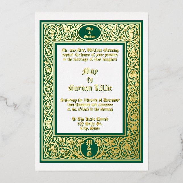 Elegant Foliage & Floral Border Wedding Foil Invitation (Front)