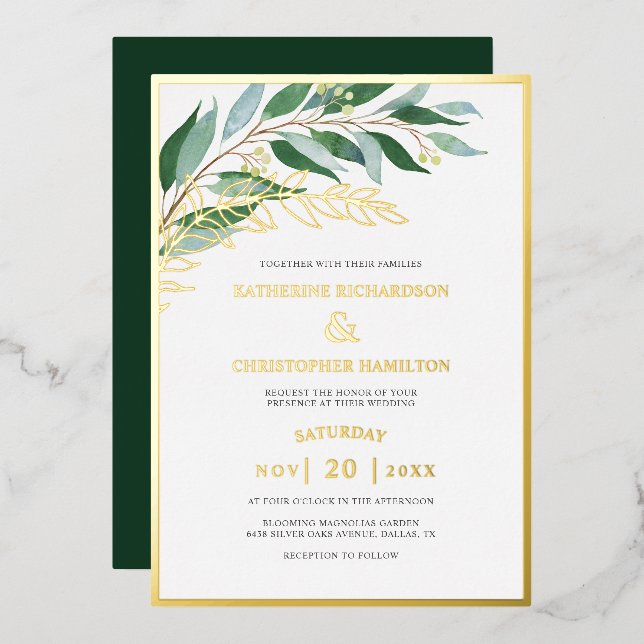 Elegant Foliage Forest Green Gold Leaf Wedding Foil Invitation (Front/Back)