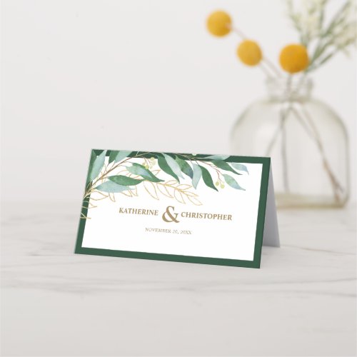 Elegant Foliage Forest Green Gold Wedding  Place Card