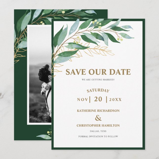 Elegant Foliage Forest Green Photo Wedding Save The Date (Front/Back)