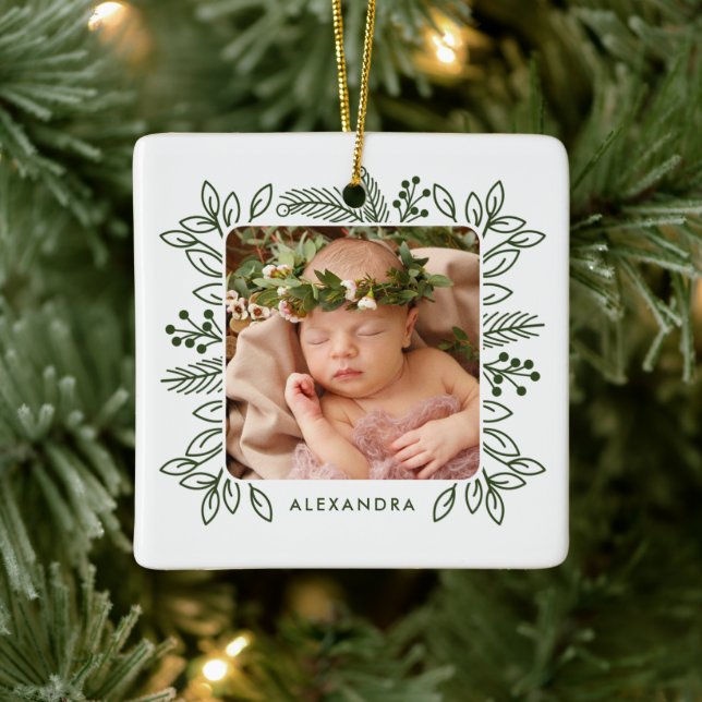 Elegant Foliage Frame First Christmas Rose Photo Ceramic Ornament (Tree)