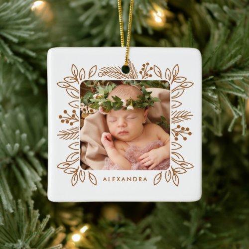 Elegant Foliage Frame First Christmas Rust Photo  Ceramic Ornament