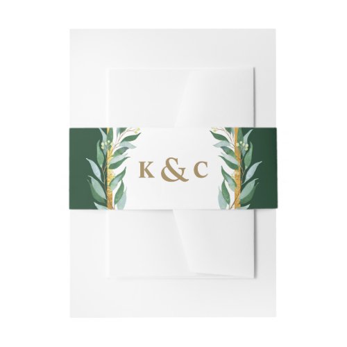 Elegant Foliage Gold Forest Green Monogram Wedding Invitation Belly Band