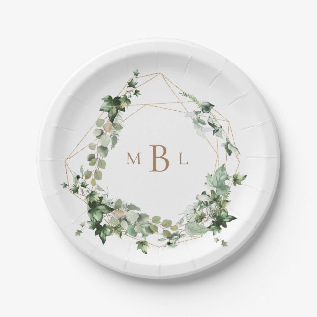 Elegant Foliage Gold Geometric Monogram Wedding Paper Plates (Front)