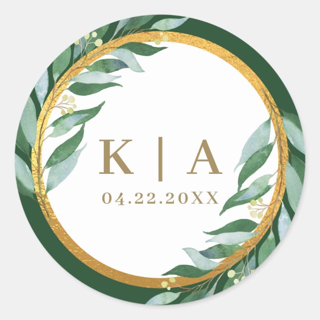 Elegant Foliage Gold Leaf Green Monogram Wedding Classic Round Sticker (Front)
