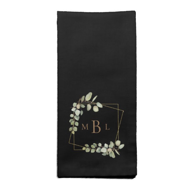 Elegant Foliage & Gold Monogram Black Cloth Napkin (Folded)