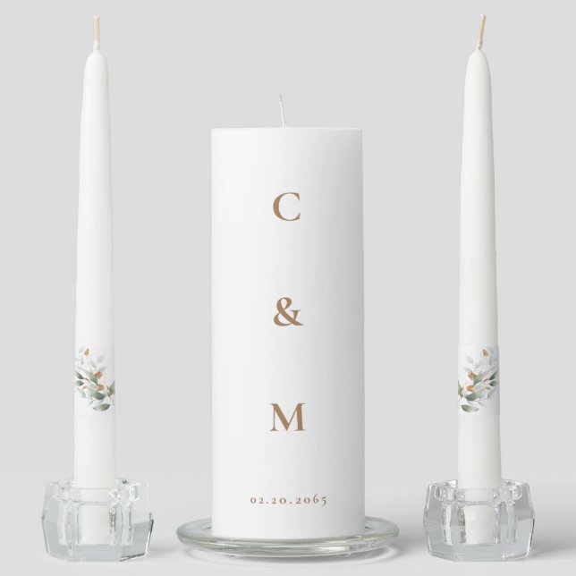 Elegant Foliage Gold Monogram Wedding Unity Candle Set (Front)