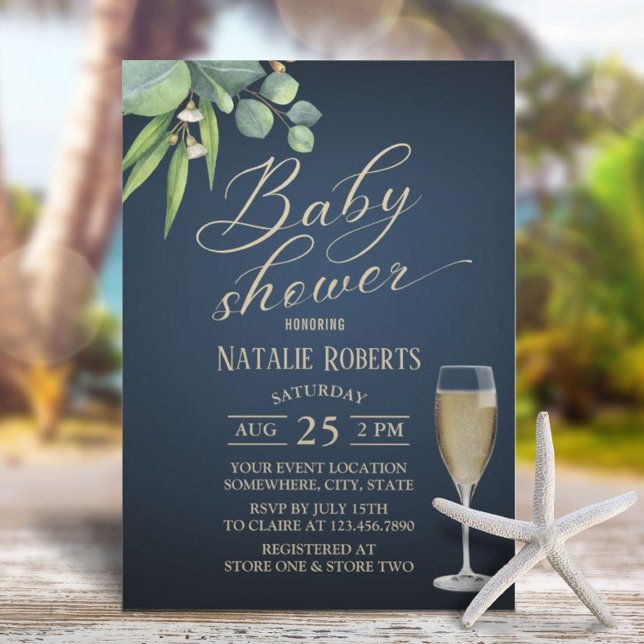 Elegant Foliage Gold Typography Navy Baby Shower Invitation (Creator Uploaded)