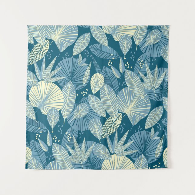 Elegant Foliage: Gray-Blue Tropical Pattern. Tapestry (Front)
