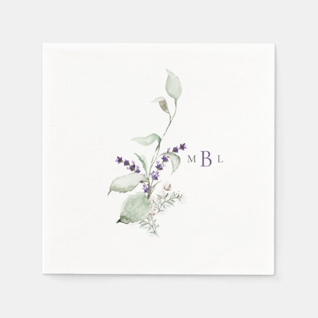 Elegant Foliage & Lavender Monogram II Wedding Napkins (Front)
