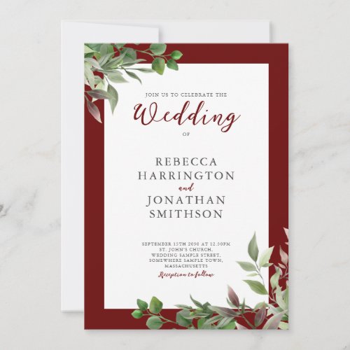 Elegant Foliage Leaf Wine Red Photo Wedding Invite