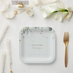 Elegant Foliage Light Sage Couple Names Paper Plates