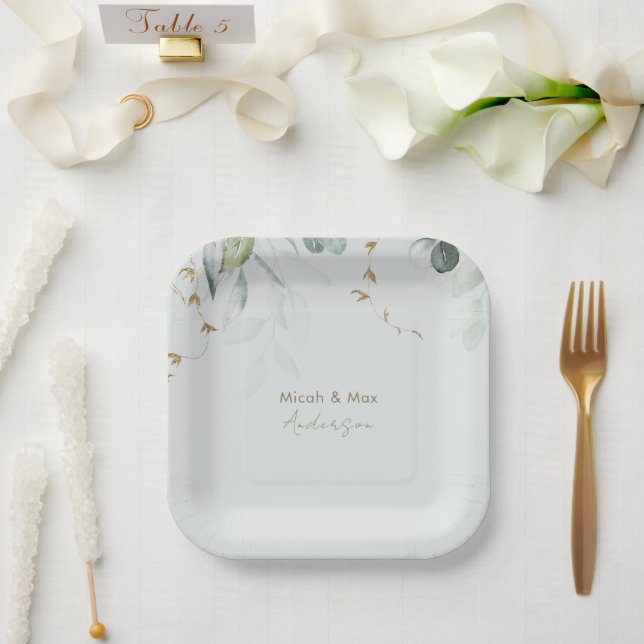 Elegant Foliage Light Sage Couple Names Paper Plates (Wedding)