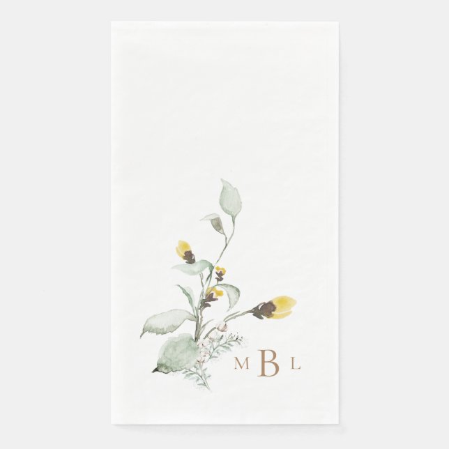 Elegant Foliage & Monogram Yellow Floral Wedding Paper Guest Towels (Front)