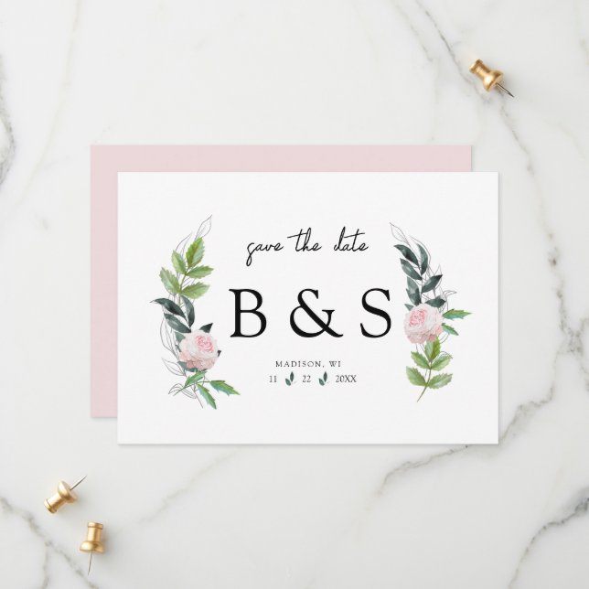 Elegant Foliage Pink Floral Monogram Save The Date (Front/Back In Situ)