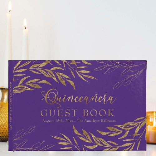 Elegant Foliage Purple and Gold Quinceanera Guest Book