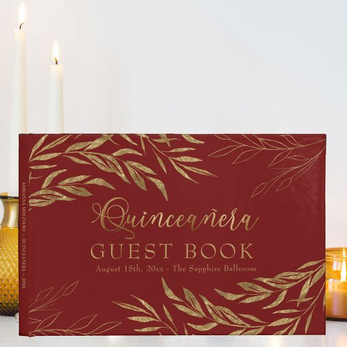 Elegant Foliage Red and Gold Quinceanera Guest Book