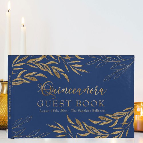 Elegant Foliage Royal Blue and Gold Quinceanera Guest Book