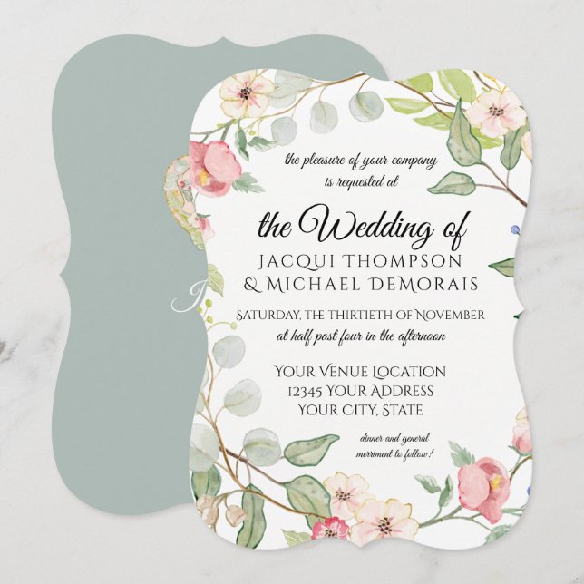 Elegant Foliage Silver Sage Watercolor Wild Roses Invitation (Front/Back)