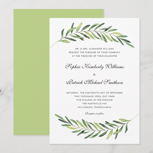 Elegant foliage + traditional wording wedding invitation (Front/Back)