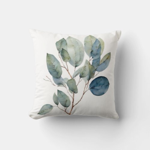 Elegant foliage watercolor green teal leaf patern throw pillow