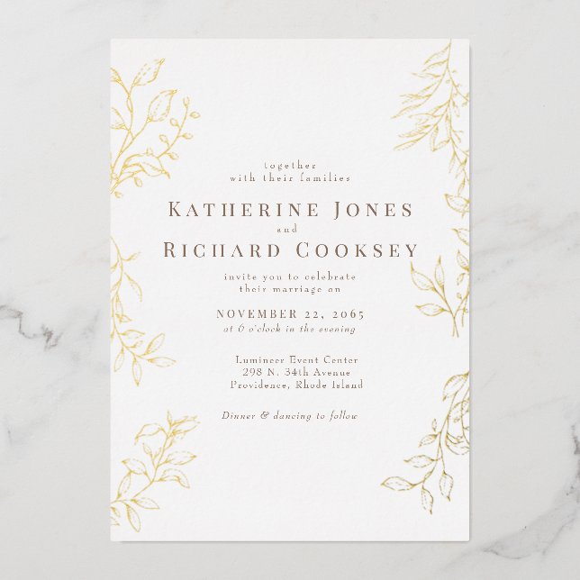 Elegant  Foliage White Wedding Gold Foil Invitation (Front)