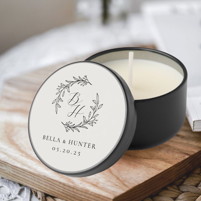 Elegant Foliage Wreath Wedding Monogram Beige Mini Candle Favors (Creator Uploaded)