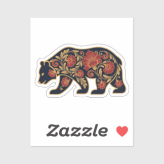 Elegant Folk Art Bear | Red & Gold Floral Silhouet Sticker