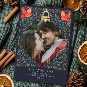 Elegant Folk Art Cardinal Christmas Foliage Photo  Holiday Card