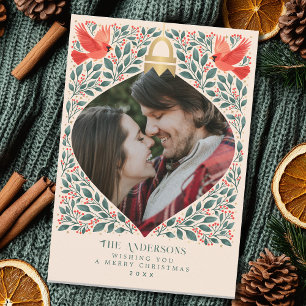 Elegant Folk Art Cardinal Christmas Foliage Photo Holiday Card