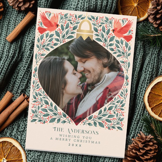 Elegant Folk Art Cardinal Christmas Foliage Photo  Holiday Card (Creator Uploaded)