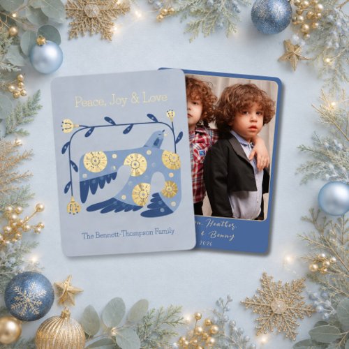 Elegant Folk Art Dove Peace Joy Love Photo Gold Foil Holiday Card