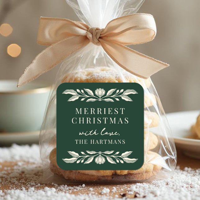 Elegant Folk Art Floral Christmas Personalized Square Sticker (Creator Uploaded)