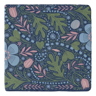 Elegant Folk Art Floral Pattern Vintage Botanical Trivet
