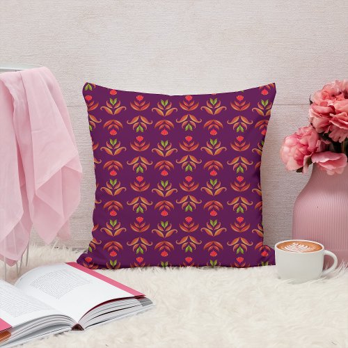   Elegant Folk Art Floral Rustic  Pretty Burgundy Throw Pillow