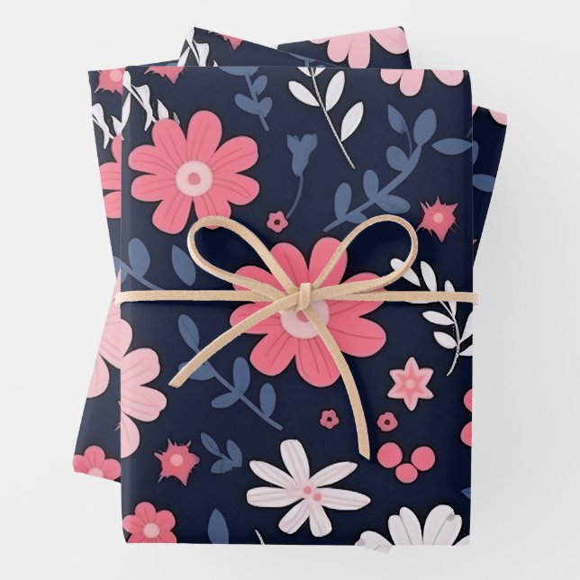 Elegant Folk Art Flower Wrapping Paper Sheets (In situ)