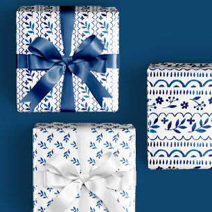 Elegant Folk Botanical Blue Watercolor Holiday Wrapping Paper Sheets