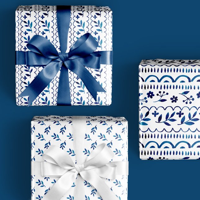 Elegant Folk Botanical Blue Watercolor Holiday Wrapping Paper Sheets (Creator Uploaded)