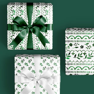 Elegant Folk Botanical Green Watercolor Holiday Wrapping Paper Sheets