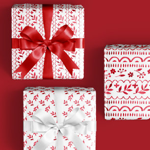 Elegant Folk Botanical Red Watercolor Holiday Wrapping Paper Sheets