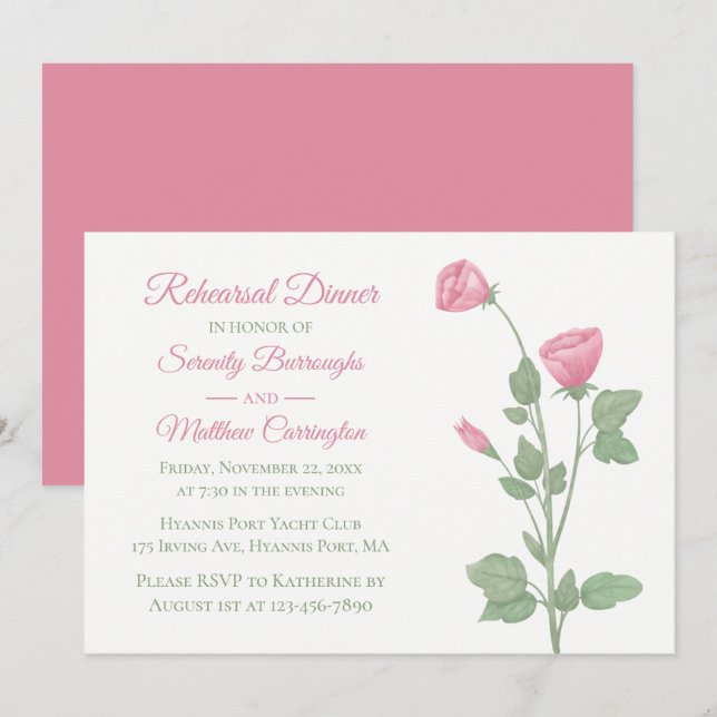 Elegant Foral Pink Flower Wedding Rehearsal Dinner Invitation (Front/Back)