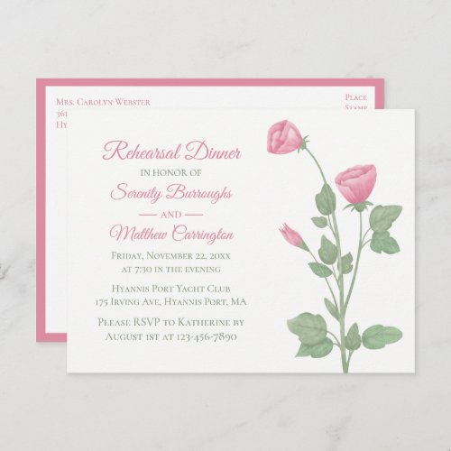 Elegant Foral Pink Flower Wedding Rehearsal Dinner Invitation Postcard