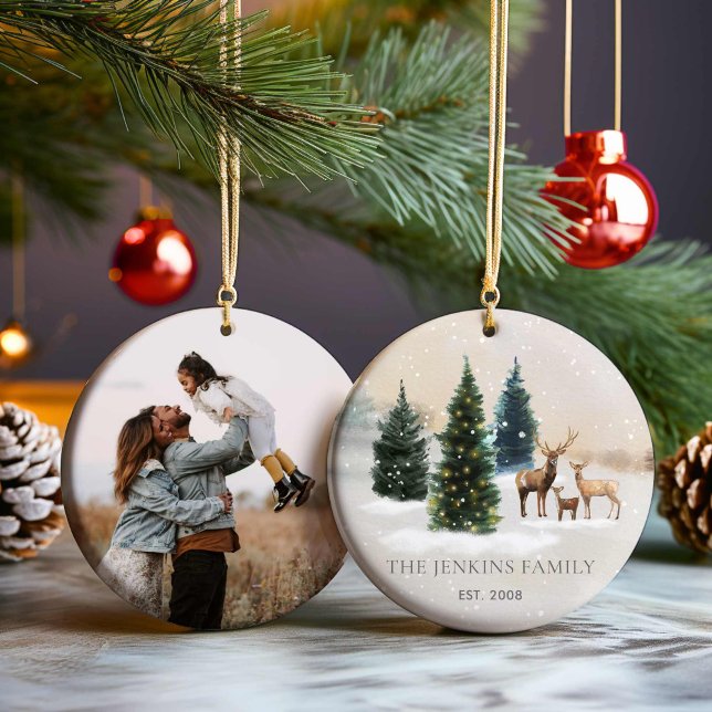 Elegant Forest Family Photo Christmas Ceramic Ornament (Woodland Family Photo Christmas Ornament)