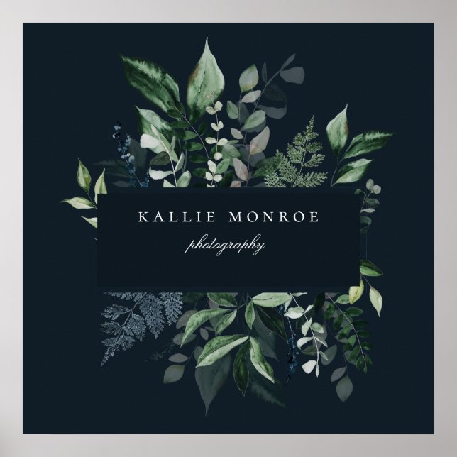 Elegant Forest Foliage Frame Dark Blue Business Poster (Front)