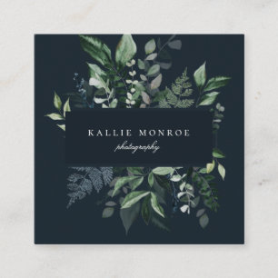 Elegant Forest Foliage Frame Dark Blue Square Business Card