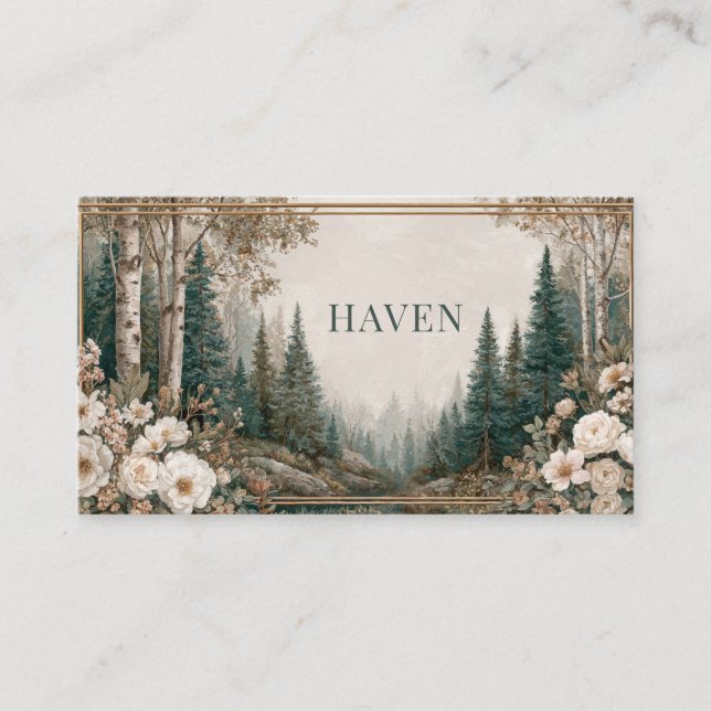 Elegant Forest Gold Frame Pine Birch Floral Business Card (Front)